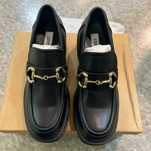 Steve Madden Black Leather Loafers with Gold Horsebit - Picture 4 of 7